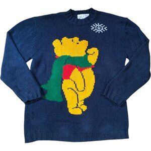 Vintage 90s Disney Winnie The Pooh Navy Christmas Winter Sweater L